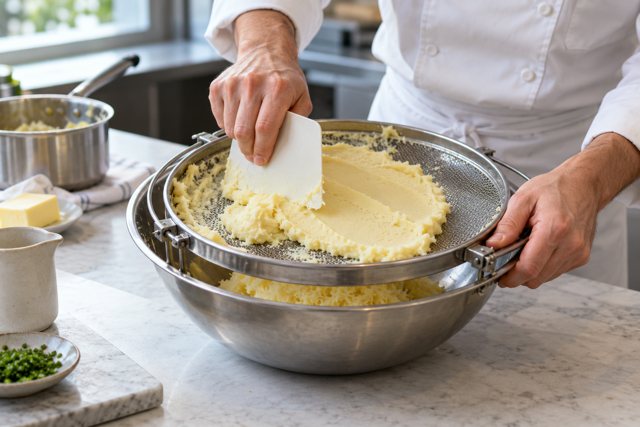 Illustration: Chef passing potato puree through a tamis. Fictional scene; not a photograph of this business or its actual menu.