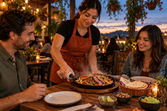 Illustration: Waitstaff delivering fajitas to patio table. Fictional scene; not a photograph of this business or its actual menu.