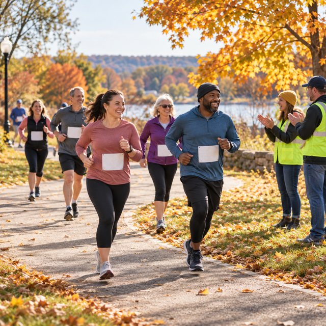 Illustration: A cheerful small group of adult runners and walkers on a paved autumn park route, golden leaves, volunteers encouraging them from a safe grassy edge, simple plain bibs with no readable lettering, natural varied fitness levels. Fictional scene; not a photograph of this venue or event.