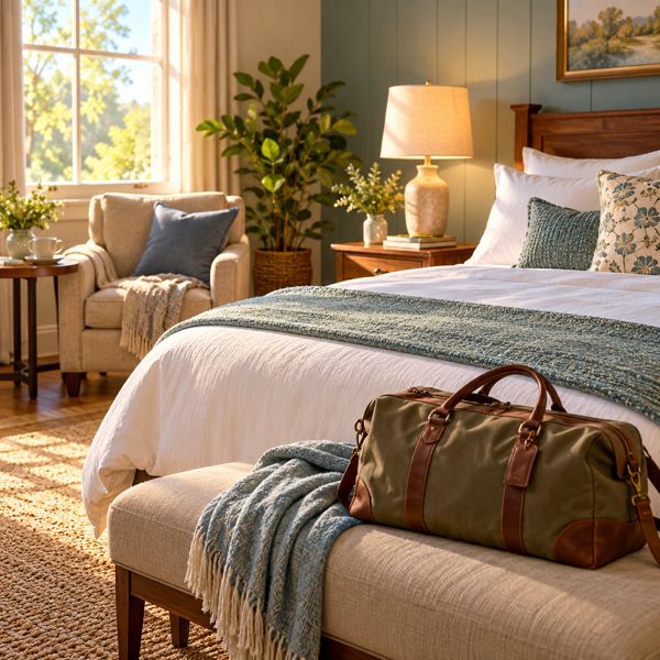 Illustration: a welcoming fictional unbranded hotel guest room with a neatly made bed, an armchair, bedside lamp and travel bag. Generic artwork; not photography of the listed business, venue, product or event.