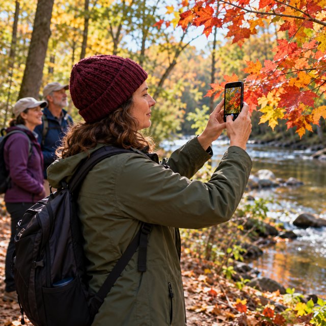 AI illustration: Close side view of an adult using a smartphone to photograph colorful autumn leaves along a wooded river trail, two workshop participants softly behind, natural North Carolina Piedmont woodland, no mountains. Illustrative scene, not a photograph of this event or venue.
