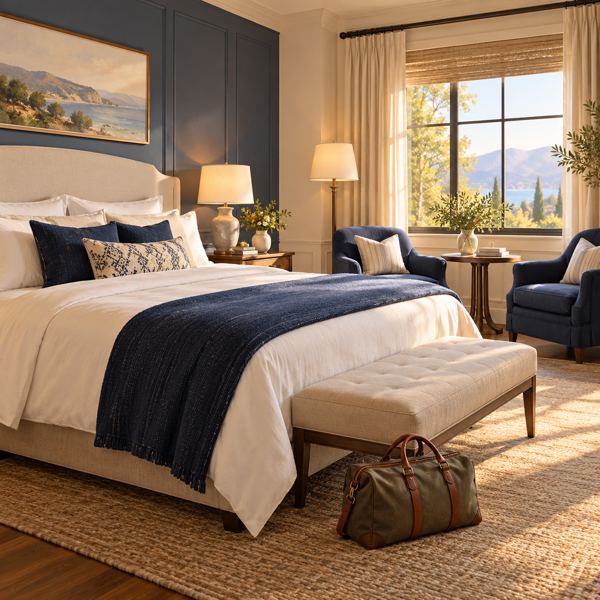 Illustration: a welcoming fictional unbranded hotel guest room with a neatly made bed, an armchair, bedside lamp and travel bag. Generic artwork; not photography of the listed business, venue, product or event.