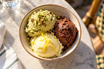 Illustration: Gelato Trio. Fictional scene; not a photograph of this business or its actual menu.