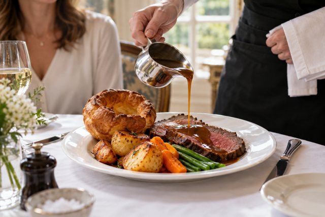 Illustration: Waitstaff pouring gravy over a Sunday roast. Fictional scene; not a photograph of this business or its actual menu.