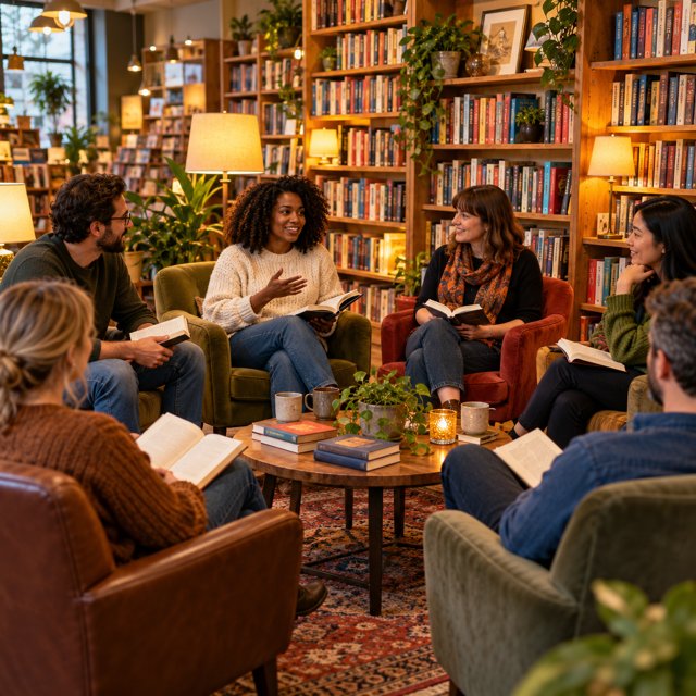 AI illustration: An inviting community book discussion setting: a circle of comfortable chairs, a few open books and warm lamps in a bookshop, colorful bookshelves, no readable lettering.; not this venue or its actual offering.