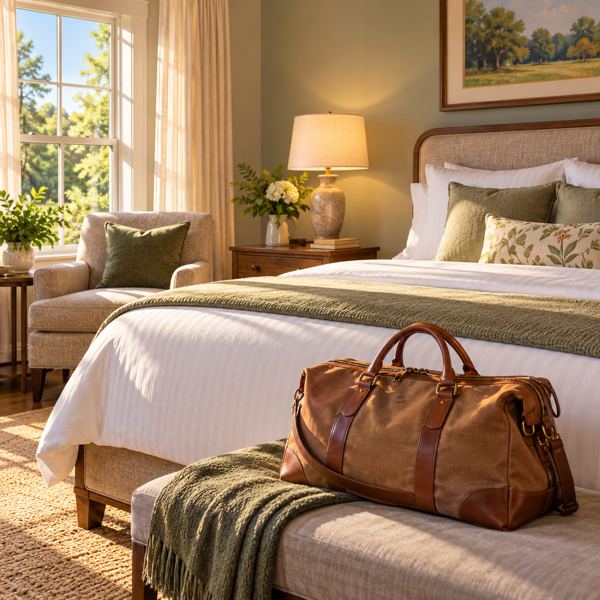 Illustration: a welcoming fictional unbranded hotel guest room with a neatly made bed, an armchair, bedside lamp and travel bag. Generic artwork; not photography of the listed business, venue, product or event.