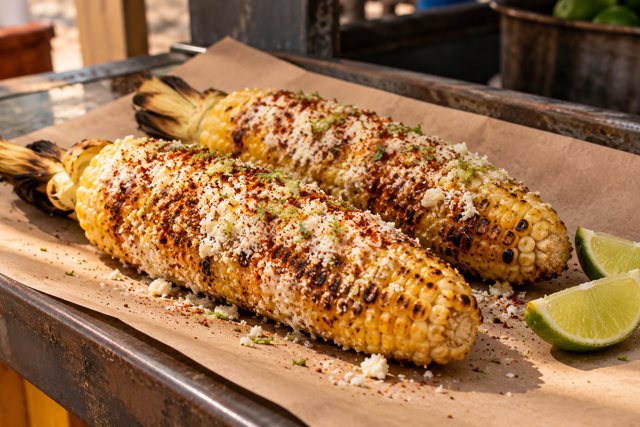 Illustration: Elote. Fictional scene; not a photograph of this business or its actual menu.