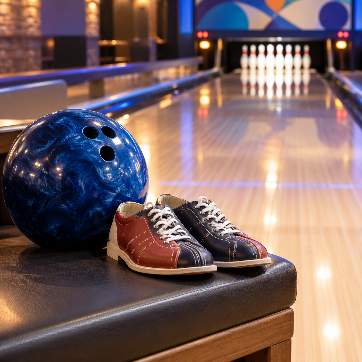 Illustration: A bowling ball and shoes beside a polished lane with pins in the distance. Generic category artwork; not a photograph of this business, place or event.