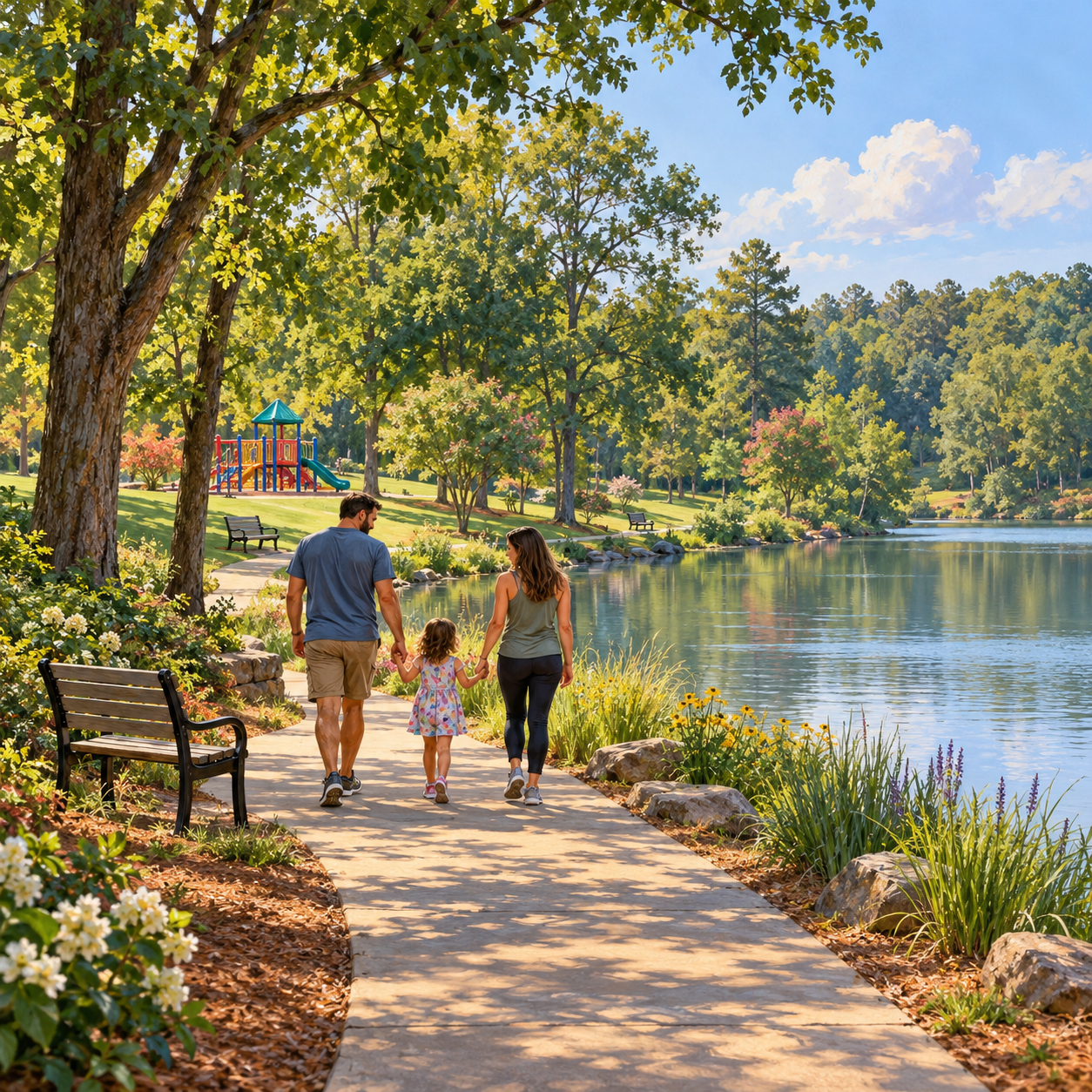 Illustration: A fictional neighborhood park with a lake, walking path and play area Generic category artwork; not a photograph of this business, venue, its products or facilities.