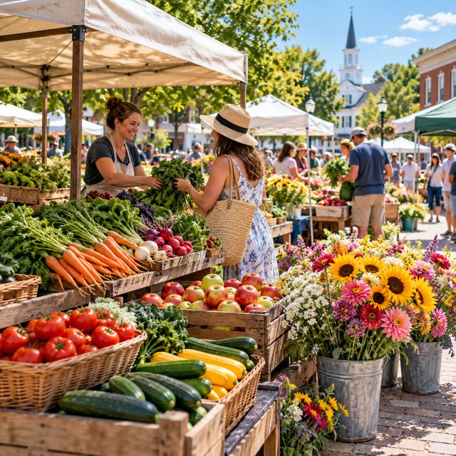 AI illustration: Outdoor farmers market stalls filled with baskets of fresh vegetables, apples and flowers beneath simple canvas canopies, welcoming sunny small-town setting, no lettering or logos.; not this venue or its actual offering.