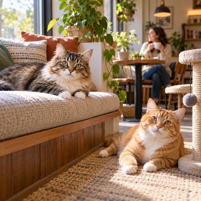 Illustration: Two friendly adult cats relaxing in a cozy café lounge, one on a cushioned window seat and one near a scratching post, a distant small table with an adult holding a coffee cup, cheerful inviting daylight, no cat on food surfaces.. Fictional scene; not a photograph of this business or its actual menu.