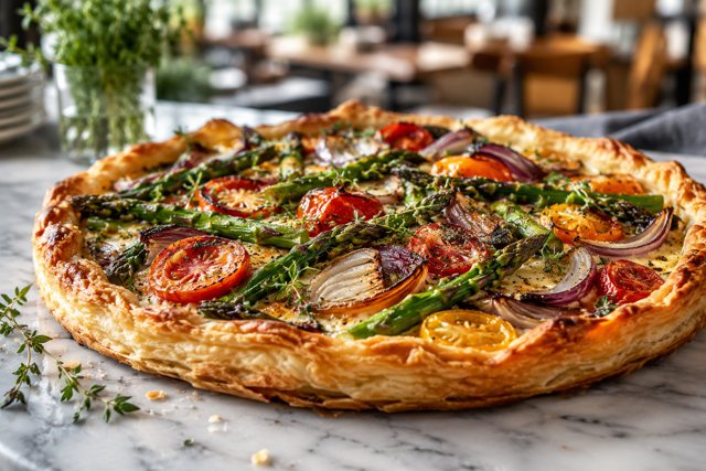 Illustration: Seasonal Vegetable Tart. Fictional scene; not a photograph of this business or its actual menu.