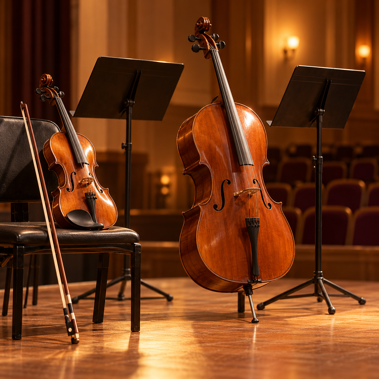 Illustration: Polished violin, bow and cello beside empty music stands on a warmly lit fictional concert stage Generic category artwork; not a photograph of this business, venue, its products or facilities.