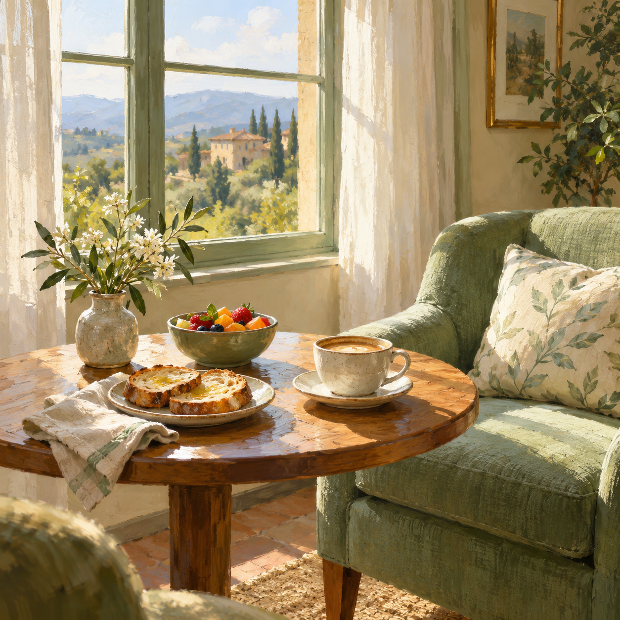 Illustration: A quiet hotel breakfast corner Generic category artwork; not a photograph of this business, venue, its products or facilities.