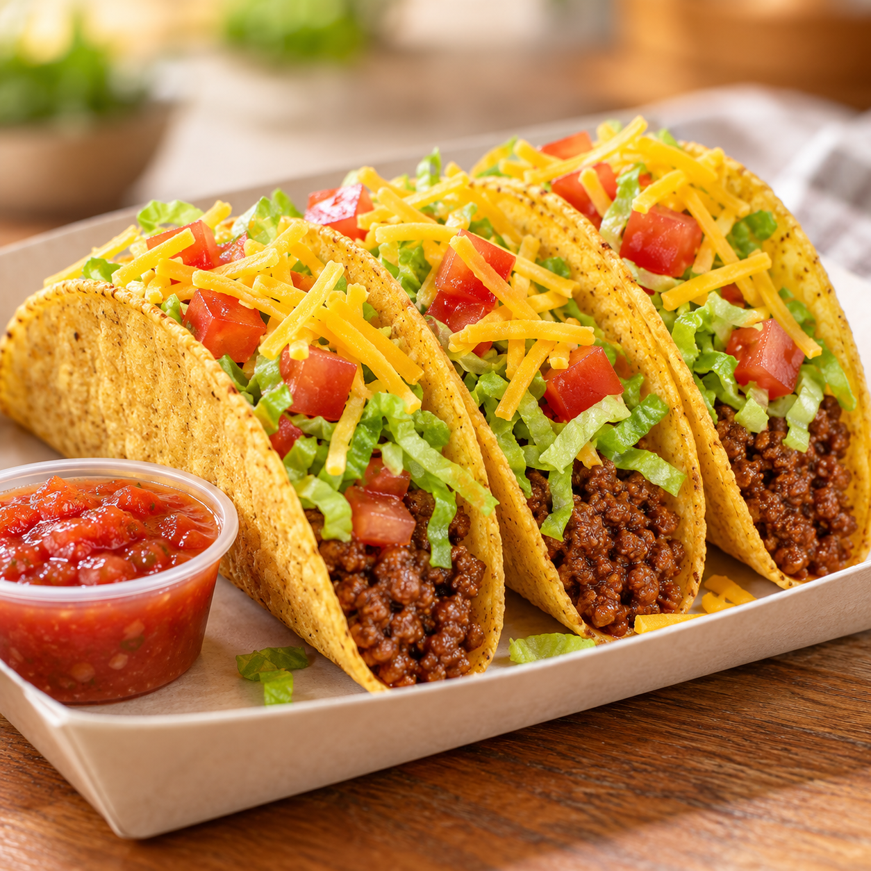 Illustration: Three unbranded crispy beef tacos with lettuce, tomato and cheese on a casual table. Generic category artwork; not a photograph of this business, place or event.