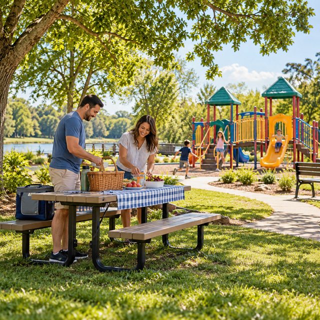 Illustration: A welcoming neighborhood park with a modest colorful playground, shaded picnic table and short paved walking path, a family arranging a picnic while children play in the background, natural sunny afternoon. Fictional scene; not a photograph of this venue or event.