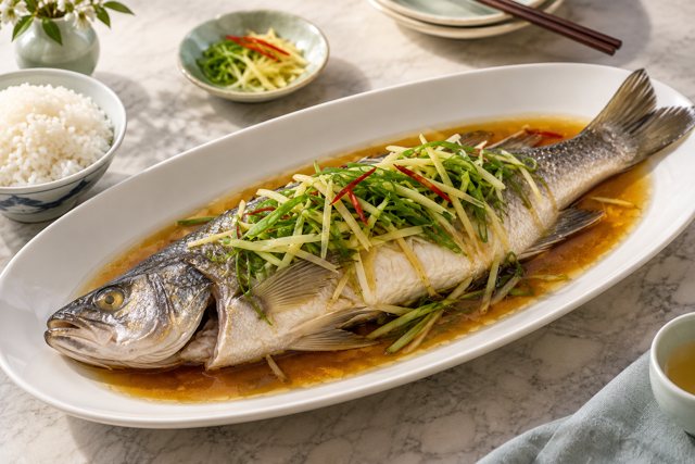 Illustration: Cantonese steamed fish with ginger and scallions. Fictional scene; not a photograph of this business or its actual menu.