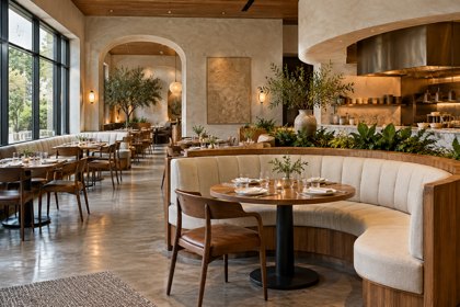 Illustration: Contemporary Restaurant. Fictional scene; not a photograph of this business or its actual menu.