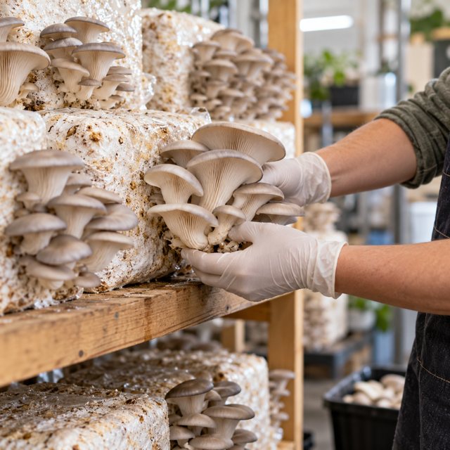 Illustration: A small indoor edible-mushroom growing workshop, clusters of oyster mushrooms on clean growing blocks and a pair of gloved hands gently harvesting one cluster, natural documentary detail.. Fictional scene; not a photograph of this business or its actual menu.