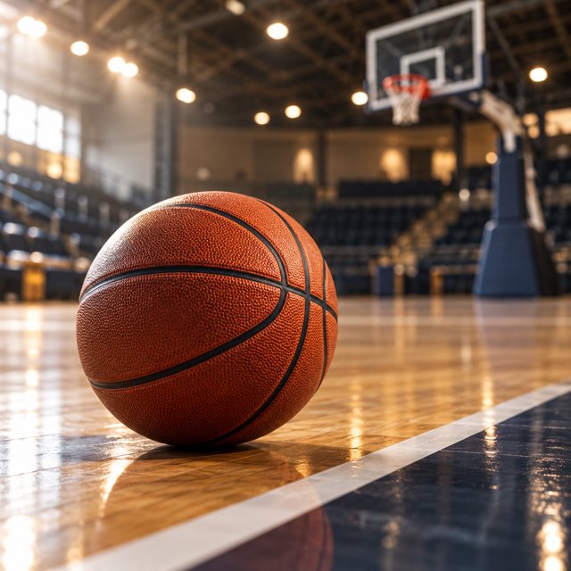 AI illustration: A basketball beside the hardwood sideline of an indoor community basketball arena, hoop visible in soft focus, atmospheric arena light, no branding.; not this venue or its actual offering.