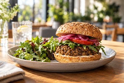 Illustration: Plant Based Burger. Fictional scene; not a photograph of this business or its actual menu.