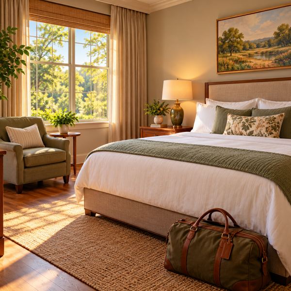 Illustration: a welcoming fictional unbranded hotel guest room with a neatly made bed, an armchair, bedside lamp and travel bag. Generic artwork; not photography of the listed business, venue, product or event.