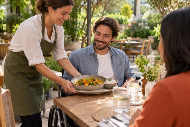 Illustration: Waitstaff serving vegetable curry on a terrace. Fictional scene; not a photograph of this business or its actual menu.
