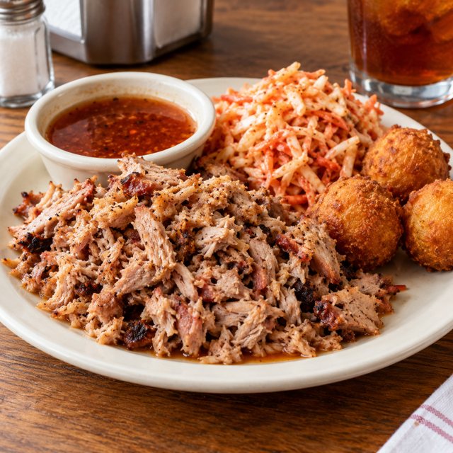 Illustration: A simple Lexington-style North Carolina chopped pork barbecue plate, finely chopped smoked pork with a light reddish vinegar dip, red barbecue slaw and a few hushpuppies, modest classic diner tabletop, no brisket or ribs.. Fictional scene; not a photograph of this business or its actual menu.