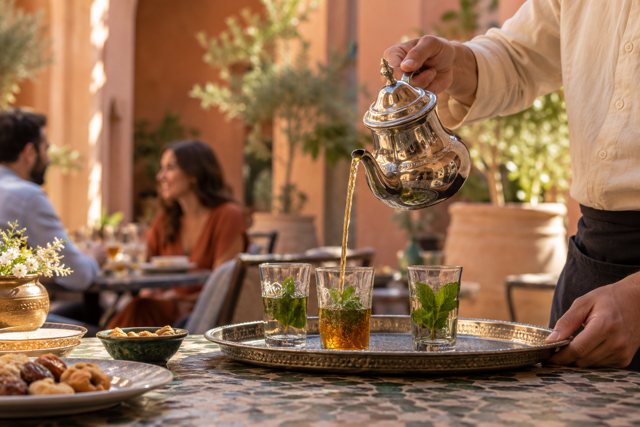 Illustration: Waitstaff serving Moroccan mint tea. Fictional scene; not a photograph of this business or its actual menu.
