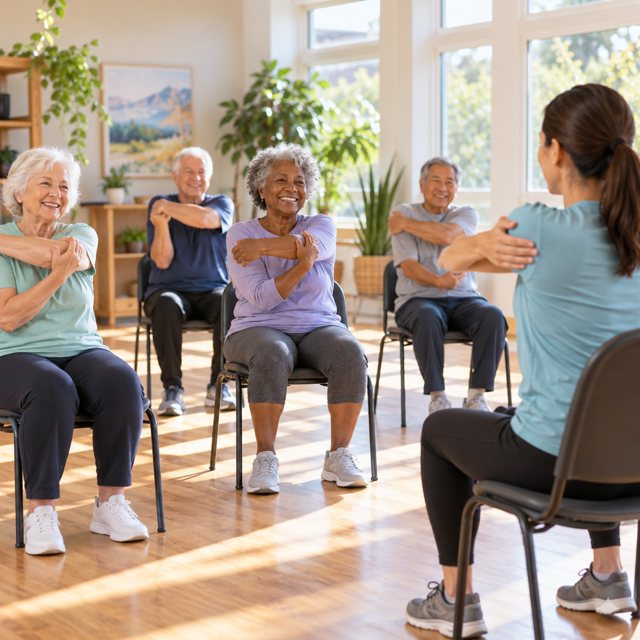 Illustration: A small group of older adults smiling during a gentle seated movement class in a sunny community room, chairs spaced comfortably, instructor demonstrating an easy arm stretch, ordinary active clothing, inclusive dignified scene. Fictional scene; not a photograph of this venue or event.
