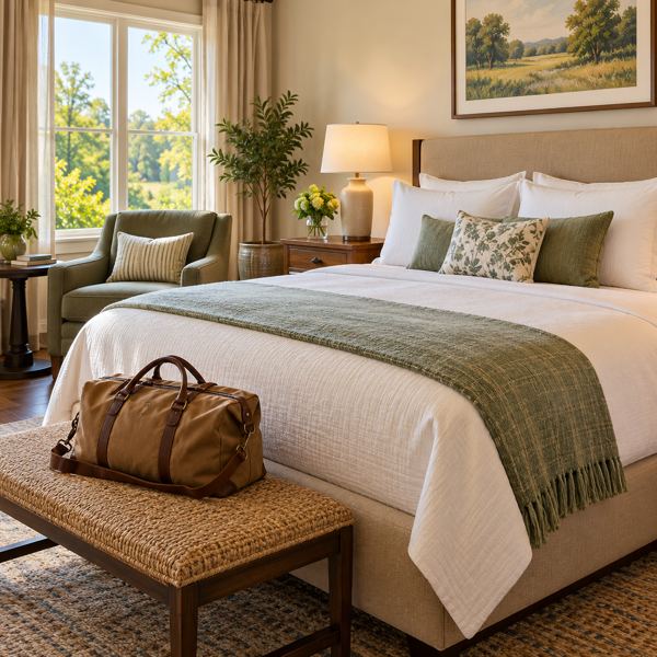 Illustration: a welcoming fictional unbranded hotel guest room with a neatly made bed, an armchair, bedside lamp and travel bag. Generic artwork; not photography of the listed business, venue, product or event.