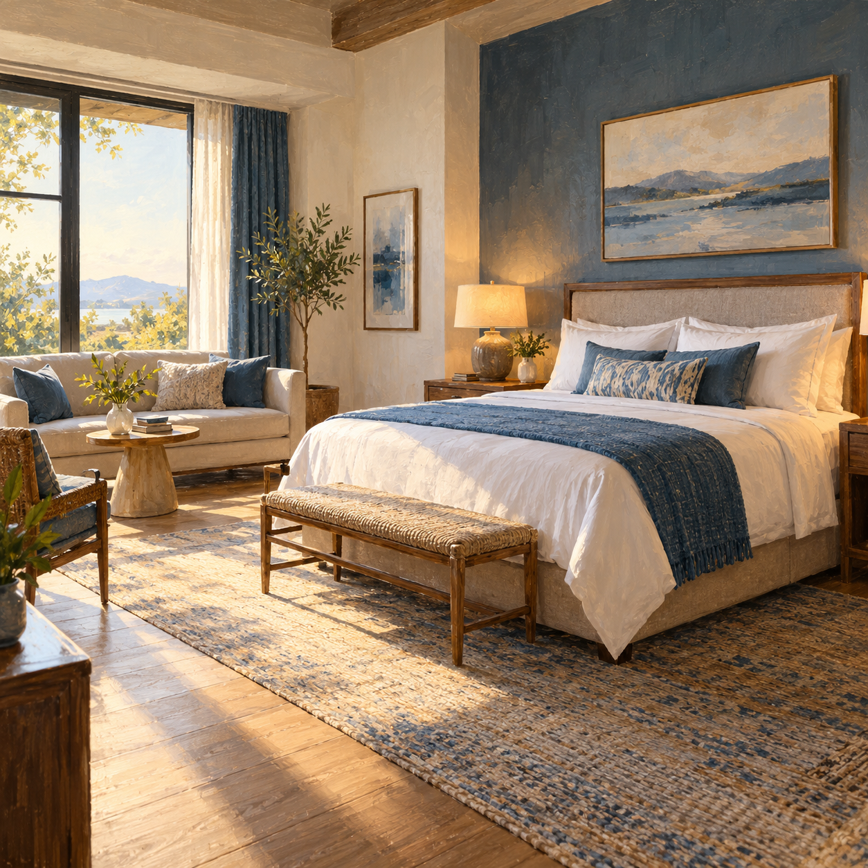 Illustration: Welcoming guestroom with a bed and upholstered bench Generic category artwork; not a photograph of this business, venue, its products or facilities.
