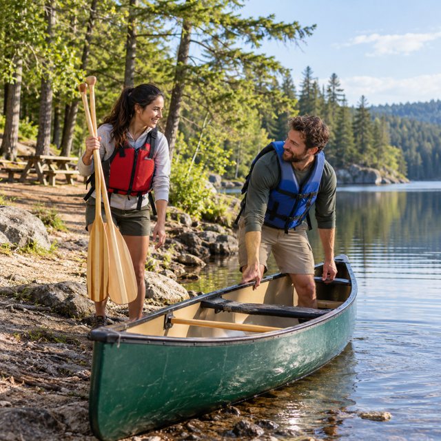 Illustration: Lakes & paddling. Fictional scene; not a photograph of this business or event.