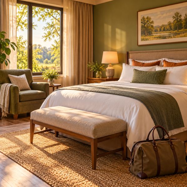 Illustration: a welcoming fictional unbranded hotel guest room with a neatly made bed, an armchair, bedside lamp and travel bag. Generic artwork; not photography of the listed business, venue, product or event.