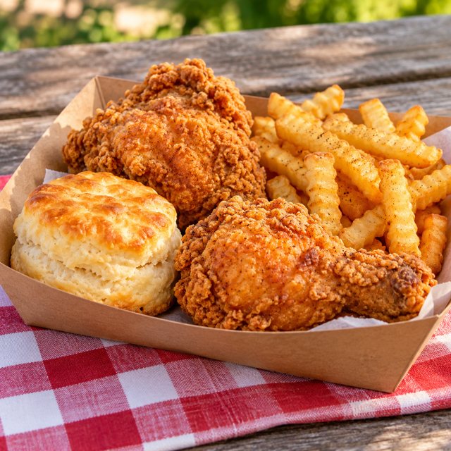 Illustration: An appetizing unbranded casual takeout meal in a plain paper tray: two pieces of crispy Southern fried chicken, a fluffy golden biscuit and seasoned crinkle-cut fries, simple picnic tabletop, no drink branding or text.. Fictional scene; not a photograph of this business or its actual menu.