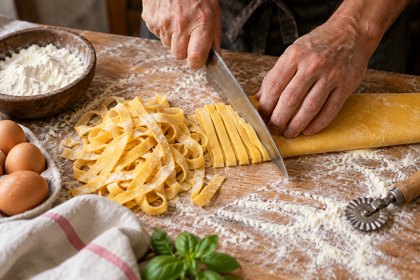 Illustration: Pasta Making. Fictional scene; not a photograph of this business or its actual menu.