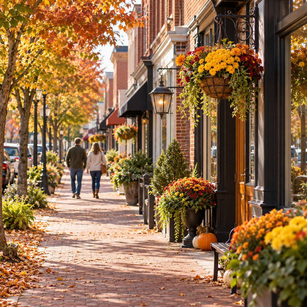Illustration: A tree-lined Piedmont downtown shopping street with independent brick storefronts. Fictional scene; not a photograph of this named venue or organization.