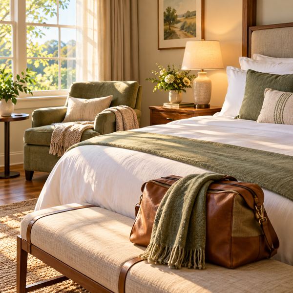 Illustration: a welcoming fictional unbranded hotel guest room with a neatly made bed, an armchair, bedside lamp and travel bag. Generic artwork; not photography of the listed business, venue, product or event.