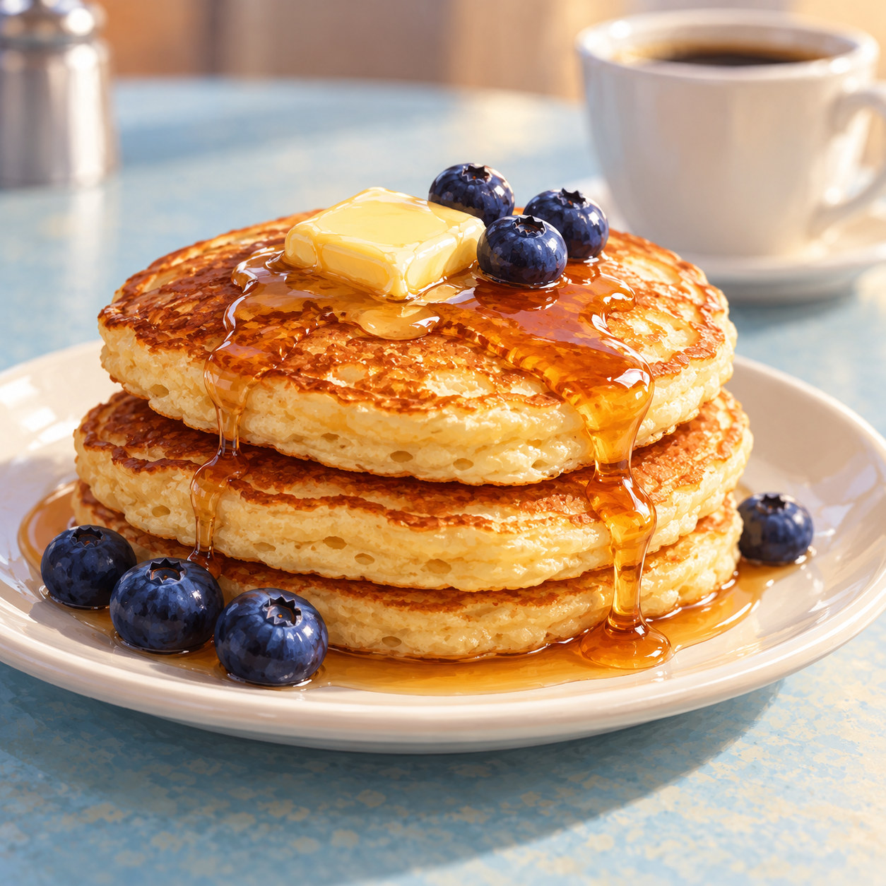 Illustration: Pancakes with butter, syrup and a few berries on a white breakfast plate. Generic category artwork; not a photograph of this business, place or event.