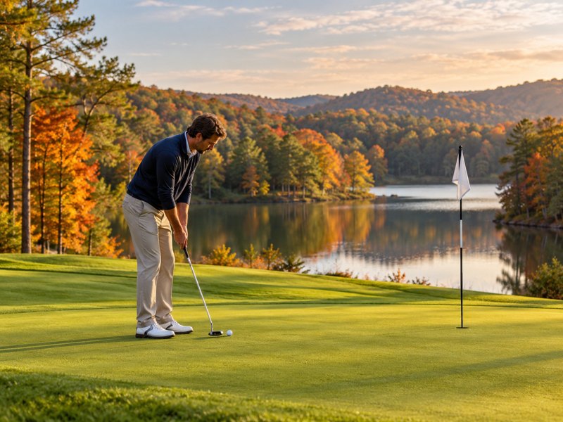Illustration: A golfer beside a quiet rolling Piedmont putting green with a small flag and a wooded lake in the distance.. Fictional scene; not a photograph of this named venue or organization.