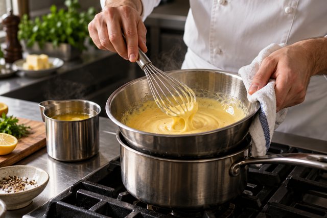 Illustration: Chef whisking hollandaise over a bain marie. Fictional scene; not a photograph of this business or its actual menu.