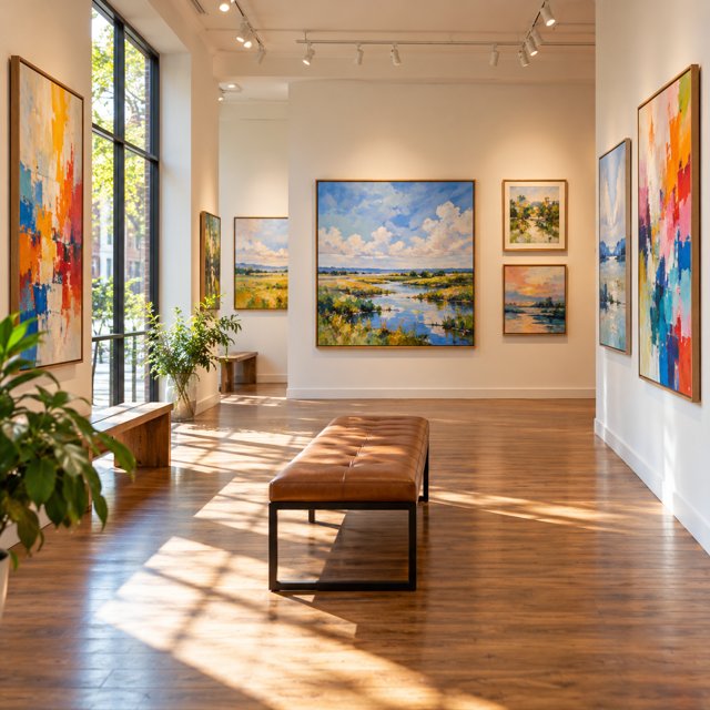 AI illustration: An airy small art gallery with framed colorful abstract and landscape paintings on cream walls, wooden floor and natural window light, no pottery, no signage.; not this venue or its actual offering.