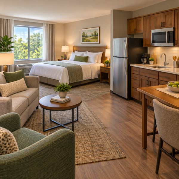 Illustration: a welcoming fictional extended-stay hotel studio with a neatly made bed, small sitting area and compact kitchenette, no branding. Generic artwork; not photography of the listed business, venue, product or event.