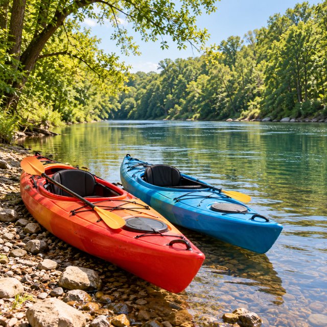 AI illustration: Two colorful recreational kayaks by a calm North Carolina Piedmont river, low wooded banks, natural blue-green water, warm morning sunlight, no dramatic mountain scenery.; not this venue or its actual offering.