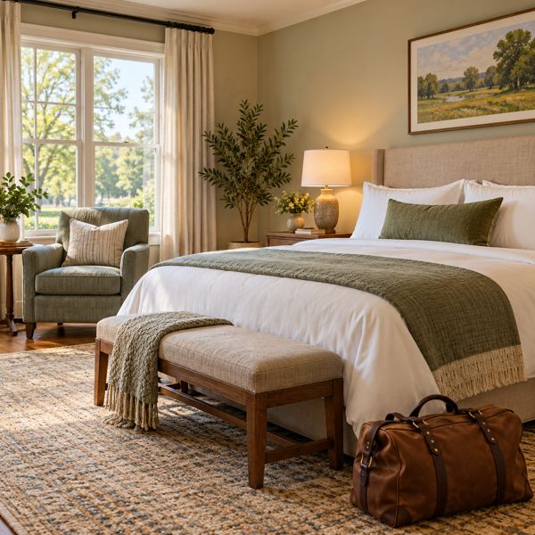 Illustration: a welcoming fictional unbranded hotel guest room with a neatly made bed, an armchair, bedside lamp and travel bag. Generic artwork; not photography of the listed business, venue, product or event.