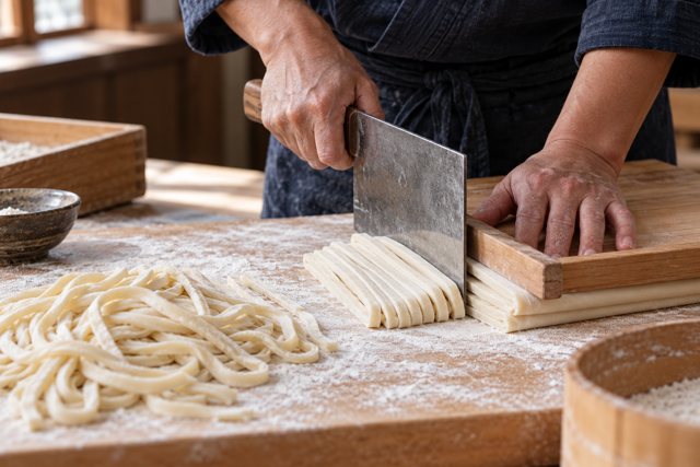 Illustration: Chef cutting fresh udon noodles. Fictional scene; not a photograph of this business or its actual menu.