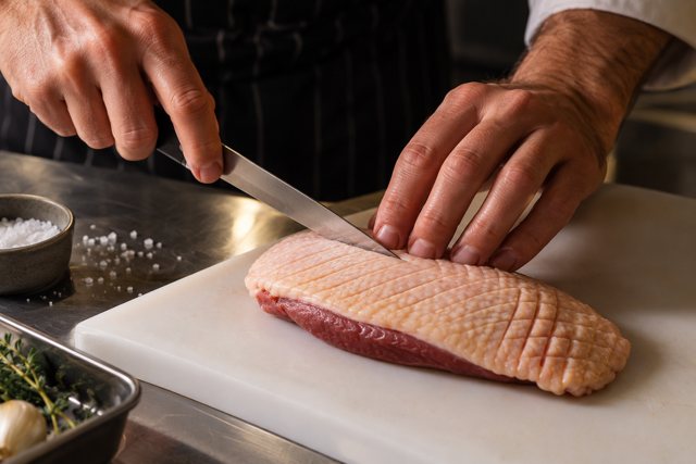 Illustration: Chef scoring duck skin before cooking. Fictional scene; not a photograph of this business or its actual menu.