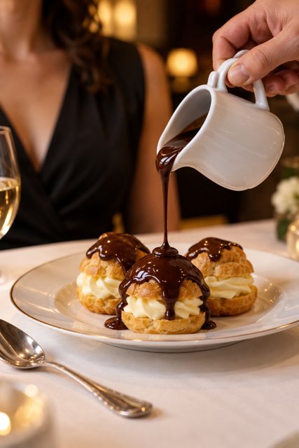 Illustration: Tableside chocolate sauce over profiteroles. Fictional scene; not a photograph of this business or its actual menu.