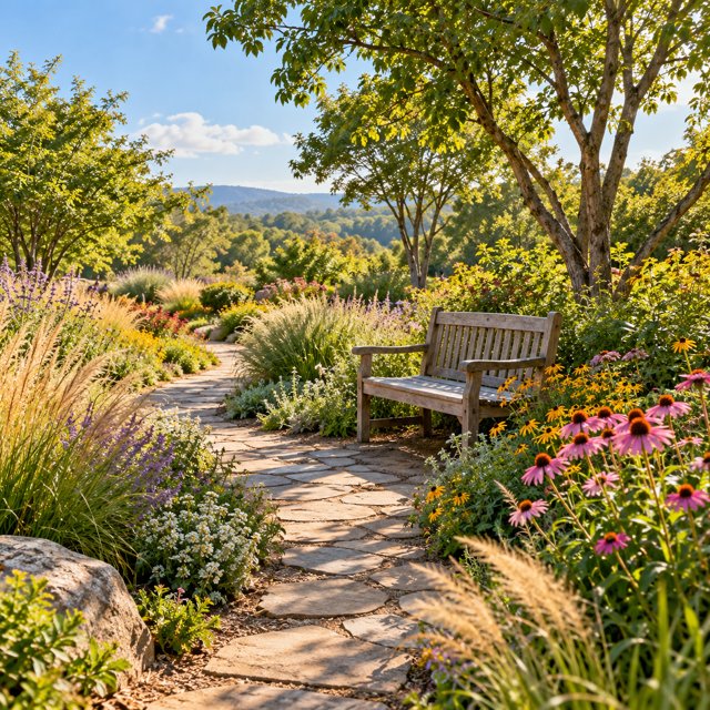 AI illustration: An inviting botanical garden footpath among colorful native flowers and grasses, a simple wooden bench, low Piedmont trees, soft sunny afternoon.; not this venue or its actual offering.