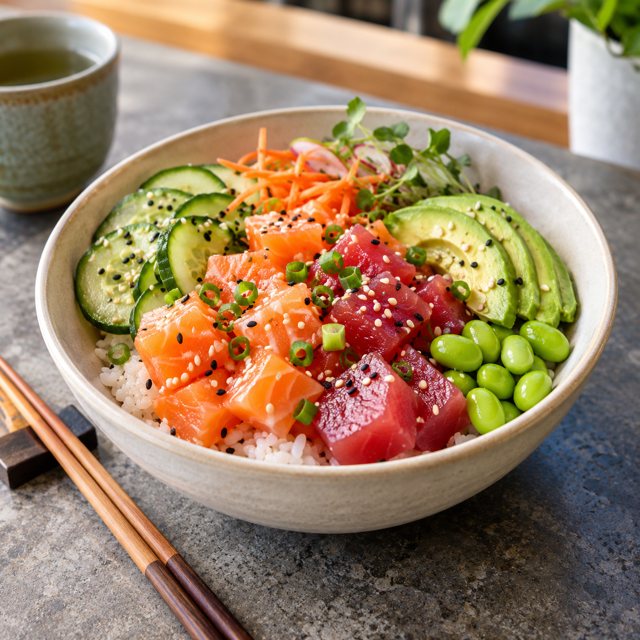 Illustration: A colorful fresh poke bowl with rice, cubed salmon and tuna, cucumber, avocado, edamame and sesame, chopsticks beside a plain ceramic bowl on a casual lunch counter.. Fictional scene; not a photograph of this business or its actual menu.